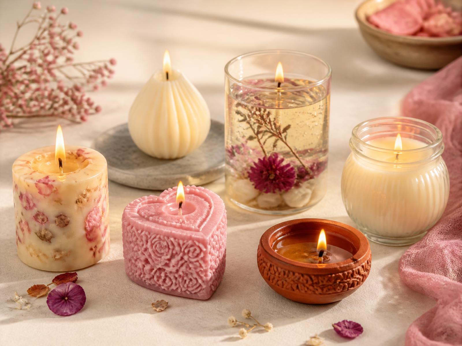 An assortment of handcrafted ATMÉA candles and diyas