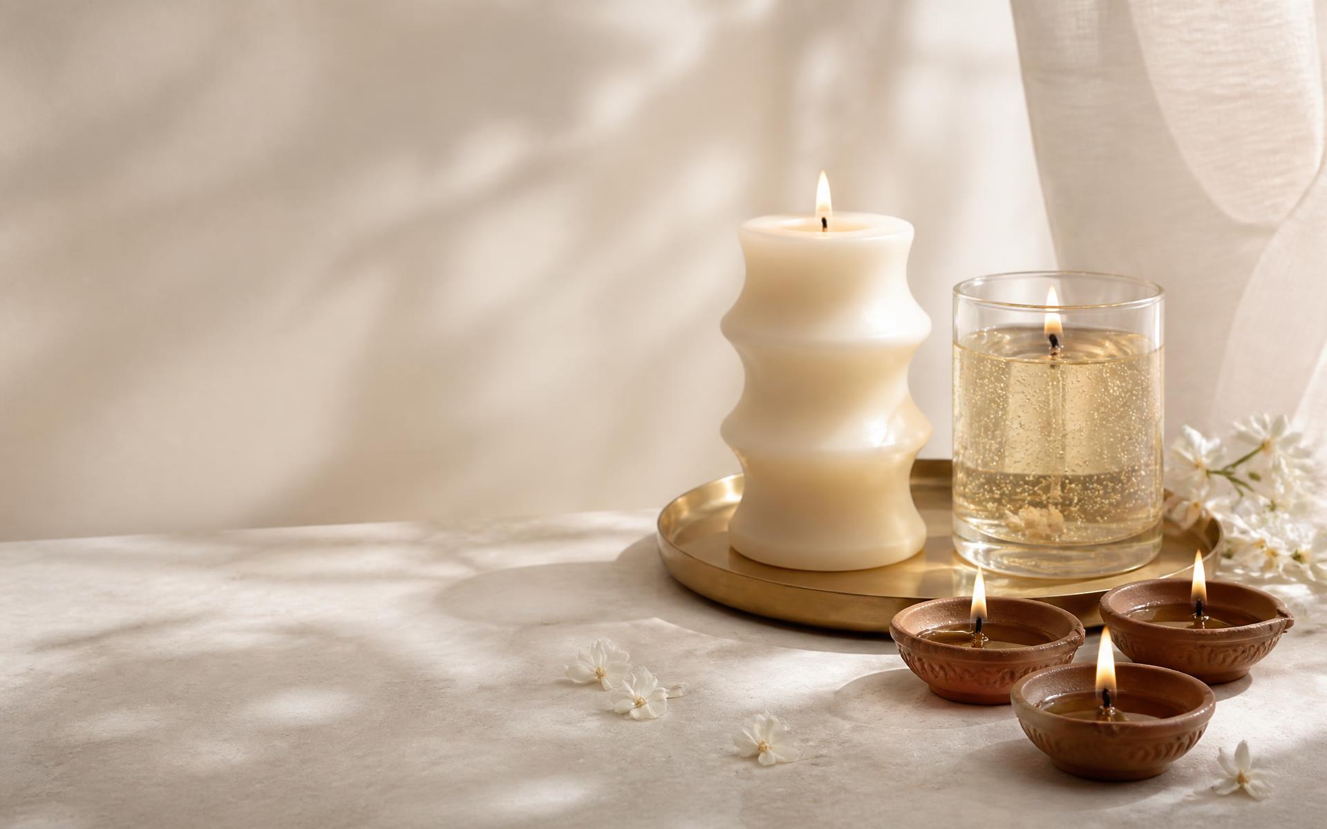ATMÉA handcrafted candle and diyas in warm natural light